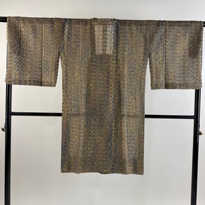 道行 身丈106.5cm 裄丈68cm L 和装コート 角衿 幾何学模様 山吹茶色 正絹 美品 秀品 【中古】