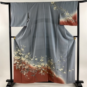 訪問着 身丈160cm 裄丈64.5cm M 袷 落款 枝花 金彩 染め分け 灰色 正絹 優品 【中古】