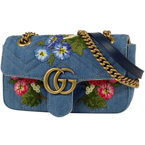 グッチ GUCCI GGマーモント ミニ チェーン ショルダーバッグ キルティング ダブルG フラワー 花柄 デニム ブルー 446744 レディース 中古