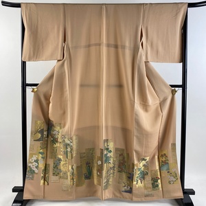  color tomesode length 163cm sleeve length 67cm M.... tanzaku . flower gold thread . light orange silk super goods one .[ used ]