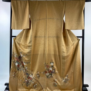 色留袖 身丈170.5cm 裄丈67.5cm M 袷 菊 籬 山吹茶色 正絹 美品 秀品 【中古】