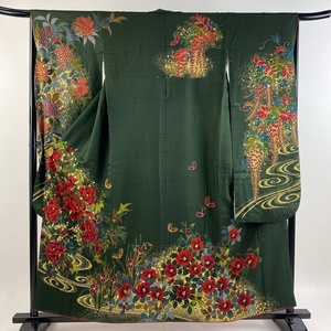 振袖 身丈158.5cm 裄丈65cm M 袷 牡丹 椿 金彩 深緑 正絹 美品 秀品 【中古】