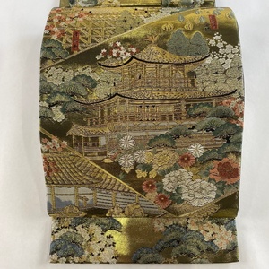 袋帯 美品 秀品 寺院 草花 金糸 箔 金色 全通 正絹 【中古】