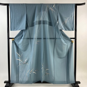 訪問着 身丈160cm 裄丈64cm M 薄物 絽 葉柄 水色 正絹 秀品 【中古】