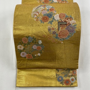 袋帯 秀品 花丸文 宝珠花鳥文 金糸 箔 金色 六通 正絹 【中古】