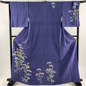 付下げ 身丈166cm 裄丈68.5cm L 袷 落款 草花 青紫 正絹 秀品 【中古】