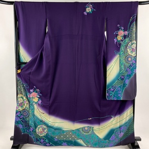  long-sleeved kimono length 164cm sleeve length 67.5cm L. bouquet . writing embroidery gold silver thread purple silk preeminence goods [ used ]