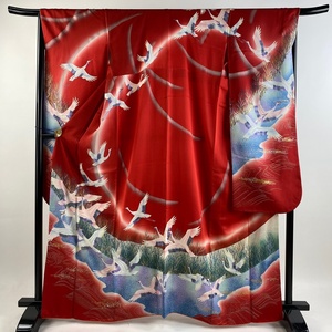  long-sleeved kimono length 165cm sleeve length 67cm M. crane . water gold silver . lame red silk preeminence goods [ used ]