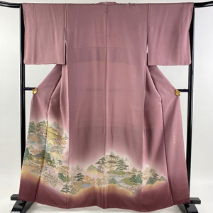 色留袖 身丈162.5cm 裄丈66cm M 袷 落款 風景 草花 寿光織 赤紫 正絹 優品 【中古】