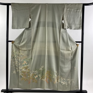  color tomesode length 154.5cm sleeve length 61.5cm S... pine bamboo plum lawn grass . gold thread gold paint light green silk super goods one .[ used ]