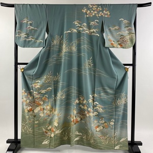 訪問着 身丈162cm 裄丈68cm L 袷 家屋 波 金彩 金糸 青灰色 正絹 秀品 【中古】