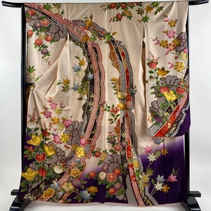  long-sleeved kimono length 165cm sleeve length 66cm M.. flower branch plum gold thread gold paint pink beige silk name goods [ used ]