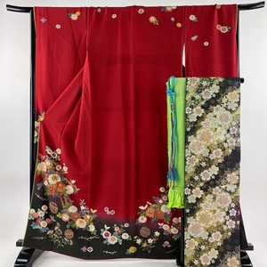  long-sleeved kimono length 163cm sleeve length 65cm M. double-woven obi full set . flower traditional Japanese musical instrument embroidery gold thread red silk beautiful goods preeminence goods [ used ]