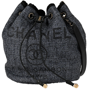 シャネル CHANEL ドーヴィル チェーン ショルダーバッグ ラメ 巾着型 ココマーク ファブリック ネイビー ブラック A57536 レディース 中古