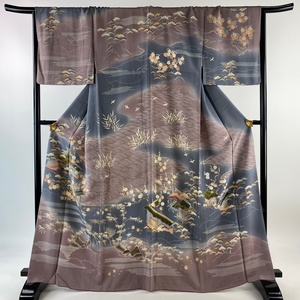 訪問着 身丈165cm 裄丈69cm L 袷 松竹梅 家屋 金彩 灰紫 正絹 秀品 【中古】