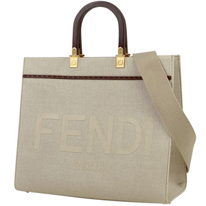 フェンディ FENDI サンシャイン ミディアム トートバッグ ショッパー 2WAY ショルダー トートバッグ キャンバス ベージュ 8BH386 中古