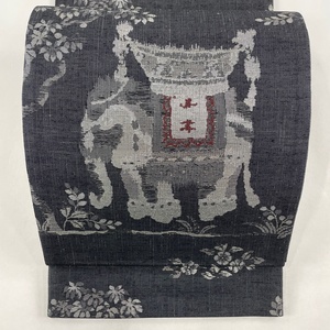 袋帯 美品 名品 紬地 象 草花 箔 墨色 六通 正絹 【中古】