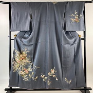 訪問着 身丈157cm 裄丈67cm M 袷 草花 金彩 青灰色 正絹 美品 優品 【中古】