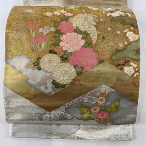 袋帯 秀品 草花 鳥 金銀彩 箔 金色 お太鼓柄 正絹 【中古】