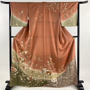 訪問着 身丈166.5cm 裄丈64cm M 袷 扇面 菊 金糸 金彩 ピンクベージュ 正絹 美品 秀品 【中古】