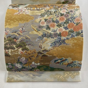 袋帯 美品 秀品 花鳥 家屋 金糸 箔 薄緑 六通 正絹 【中古】