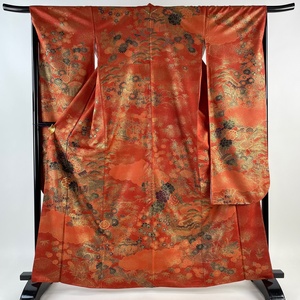 振袖 身丈163.5cm 裄丈66.5cm M 袷 家屋 草花 金彩 赤 正絹 秀品 【中古】