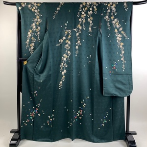  long-sleeved kimono length 166.5cm sleeve length 68cm L. Sakura petal of cherry blossom gold paint deep green silk preeminence goods [ used ]