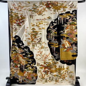  long-sleeved kimono length 171.5cm sleeve length 66.5cm M.... flower gold thread gold paint cream silk beautiful goods excellent article [ used ]