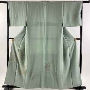  tsukesage length 157.5cm sleeve length 66.5cm M.. flower wave embroidery ash green silk preeminence goods [ used ]