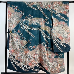  long-sleeved kimono length 154.5cm sleeve length 65cm M... flower . writing gold silver . blue green silk beautiful goods excellent article [ used ]