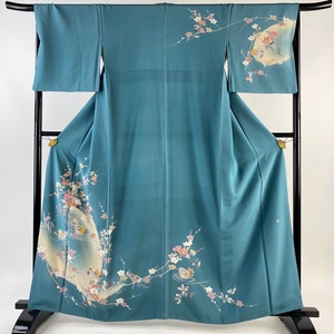 訪問着 身丈160cm 裄丈67.5cm L 袷 落款 鴛鴦 桜 ぼかし 水色 正絹 名品 【中古】