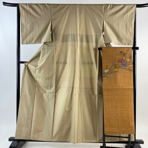 紬 身丈160cm 裄丈66cm M 袷 名古屋帯セット 縦縞 ベージュ 正絹 美品 秀品 【中古】