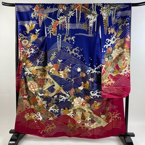  long-sleeved kimono length 160.5cm sleeve length 68cm L..... gold thread gold paint blue silk preeminence goods [ used ]