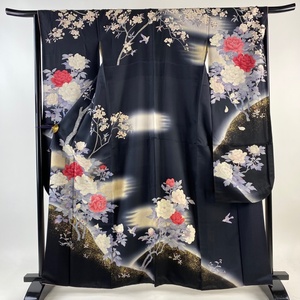  long-sleeved kimono length 163cm sleeve length 66cm S.... gold paint . dividing . color silk preeminence goods [ used ]