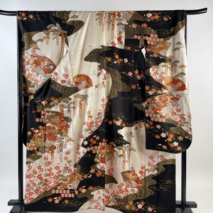 振袖 身丈164.5cm 裄丈69cm L 袷 扇 松梅 金糸 金彩 黒 正絹 名品 【中古】