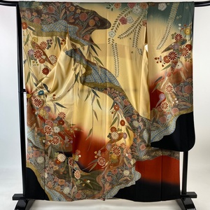 振袖 身丈161cm 裄丈64cm M 袷 菊 花唐草 金彩 ぼかし 薄オレンジ 正絹 美品 名品 【中古】