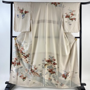 訪問着 身丈163cm 裄丈62cm S 袷 片輪車 菊 刺繍 金彩 ベージュ 正絹 秀品 一つ紋 【中古】