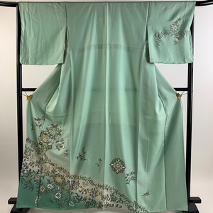 訪問着 身丈164.5cm 裄丈66.5cm M 袷 向鳥 華文 金彩 ぼかし 薄緑 正絹 秀品 【中古】