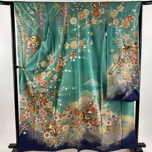  long-sleeved kimono length 163.5cm sleeve length 64cm M.. place car Sakura aperture stop gold paint blue green silk preeminence goods [ used ]