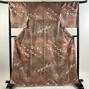 小紋 身丈165cm 裄丈67.5cm L 袷 枝花 葉と実 金彩 ぼかし ピンク 正絹 美品 秀品 【中古】