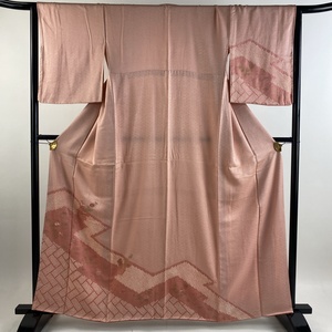 訪問着 身丈160cm 裄丈65cm M 袷 草花 檜垣 金彩 絞り ピンク 正絹 秀品 【中古】