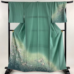 訪問着 身丈164.5cm 裄丈68.5cm L 袷 辻が花 ぼかし 薄緑 正絹 美品 名品 【中古】