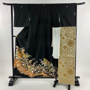  kurotomesode length 155.5cm sleeve length 64cm S. double-woven obi full set .. sleeve . flower gold thread .. embroidery black silk preeminence goods [ used ]