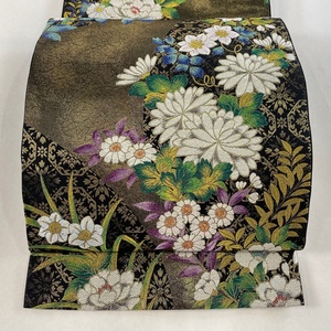  double-woven obi beautiful goods preeminence goods flower gold thread . ash green six through silk [ used ]