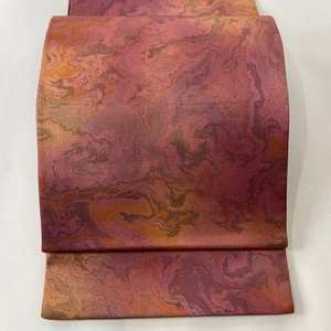 袋帯 美品 秀品 幾何学模様 ぼかし 赤紫 全通 正絹 【中古】