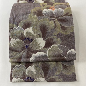  double-woven obi beautiful goods preeminence goods floral print gold silver thread . ash purple six through silk [ used ]