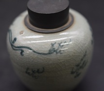 KY5-31珍品 染付 貫入 錫蓋　龍雲文　古龍　龍　茶入 茶心壺 茶壺　古美術　骨董　唐物　_画像6