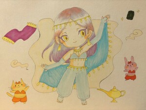 Art hand Auction 手描きイラスト ダンサー うさぎ 猫 女の子 A4, コミック, アニメグッズ, 手描きイラスト