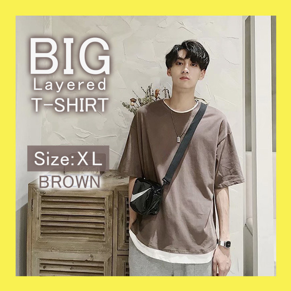 ★ ブラウン XL メンズ レイヤード Tシャツ 韓国 オーバーサイズ 重ね着 半袖 カットソー 重ね着風
