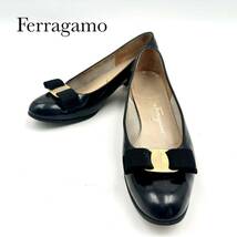 ☆美品☆ Salvatore Ferragamo サルヴァトーレフェラガモ ヴァラリボン パンプス 6ハーフ 24cm ヒール3.5cmレザー 革 ブラック 黒_画像1